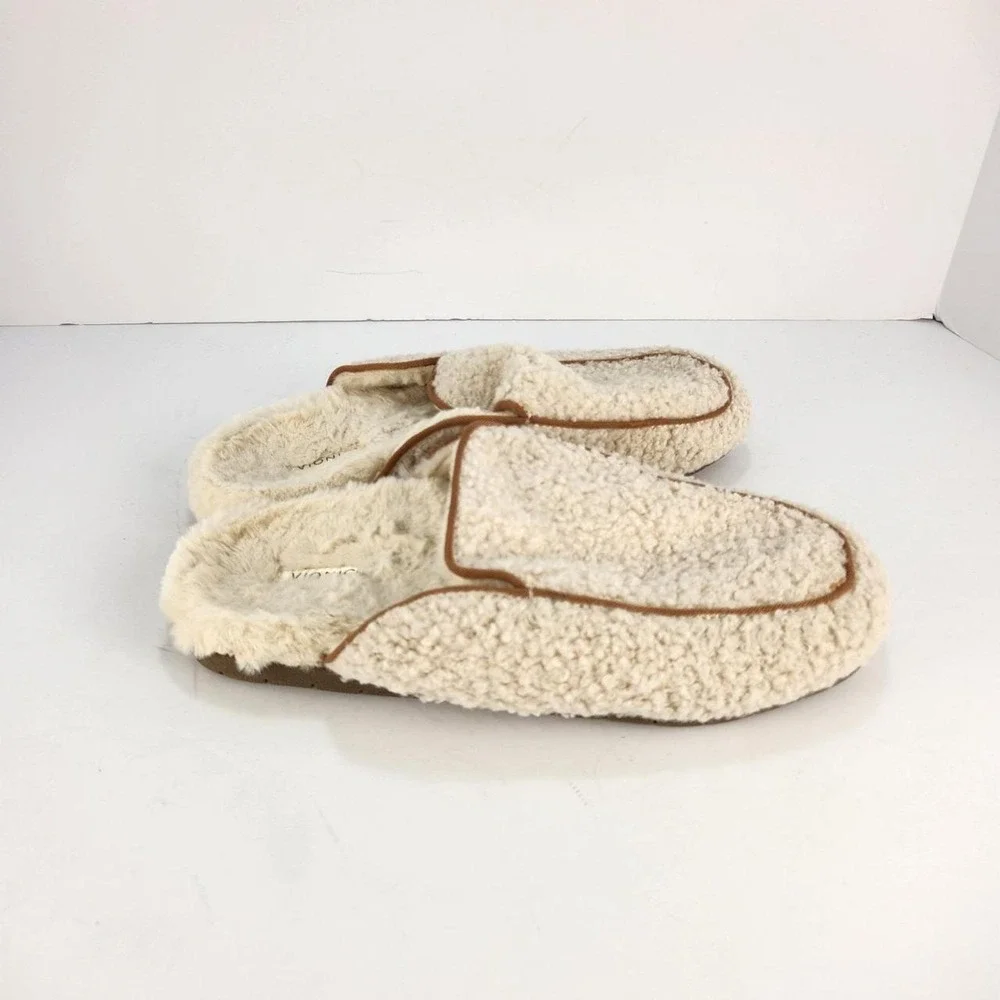 Vionic Caressa Size 7.5 Cream Sherpa Faux Shearling Mule Slippers Arch Support